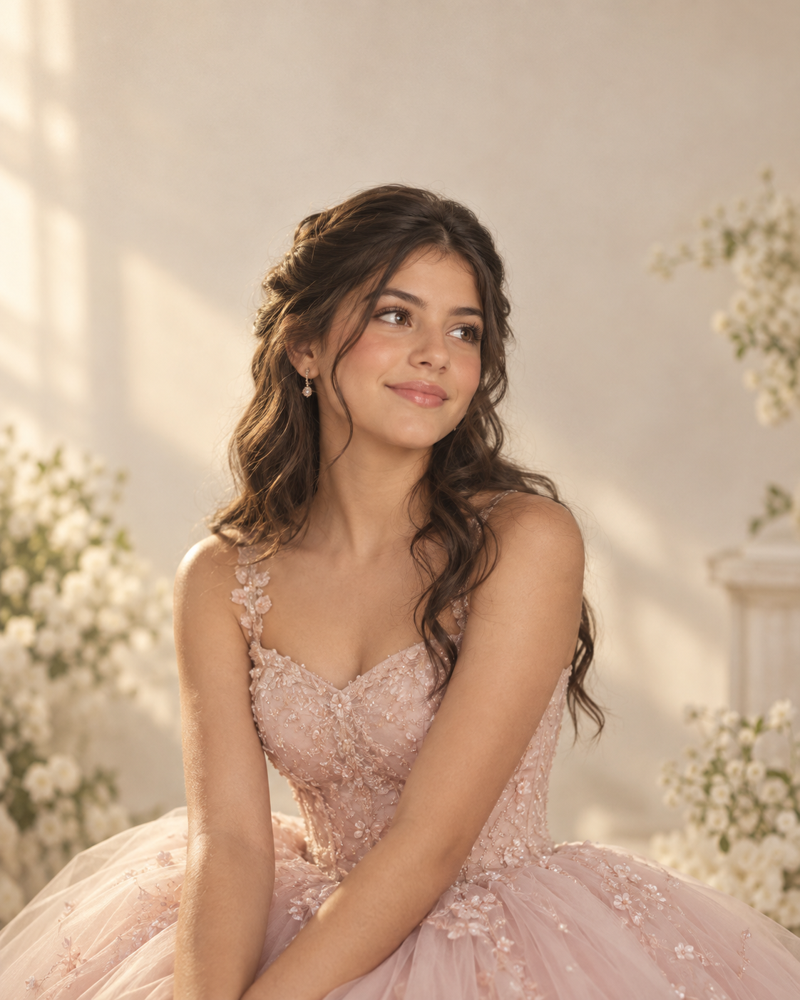 Emilia con vestido rosa en una sesión de fotos